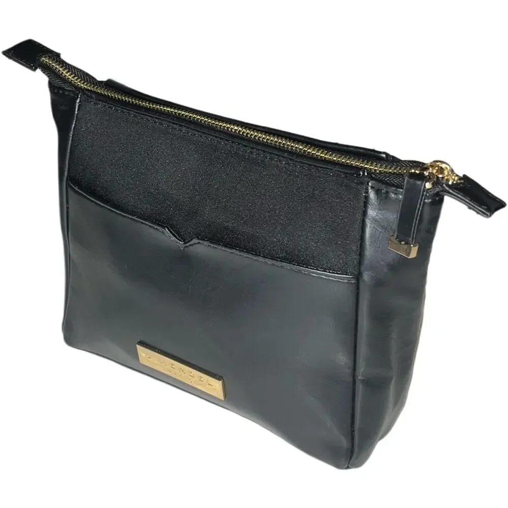 J. Mendel Cosmetic Clutch Bag black faux leather gold zipper